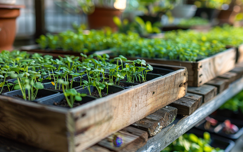 Nahaufnahme mehrerer Saatgutplatten mit verschiedenen Jungpflanzen.