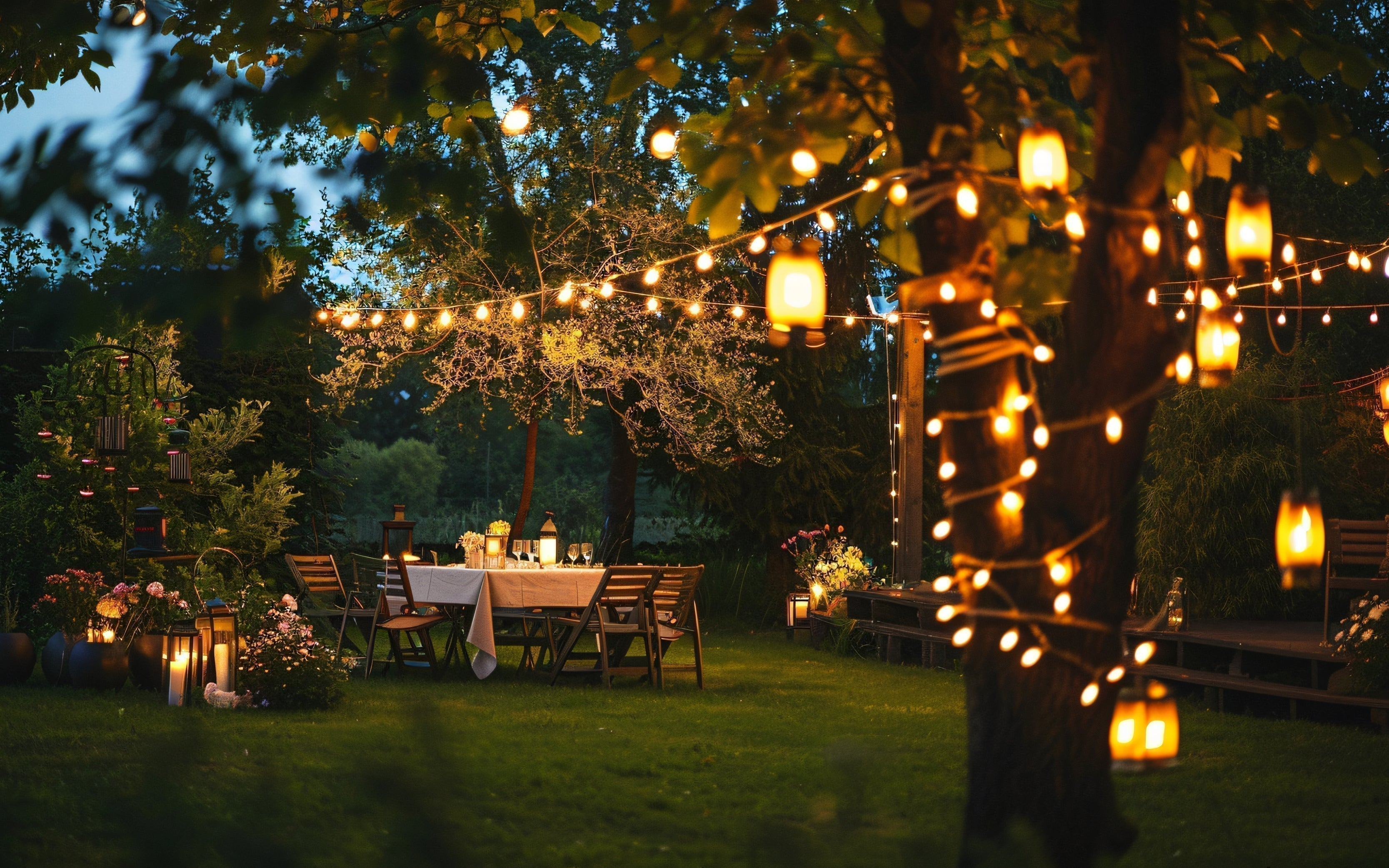 Stimmungsvoller Sommerabend im Garten: Lichterketten, gedeckter Tisch und warmes Kerzenlicht sorgen für romantisches Ambiente unter freiem Himmel