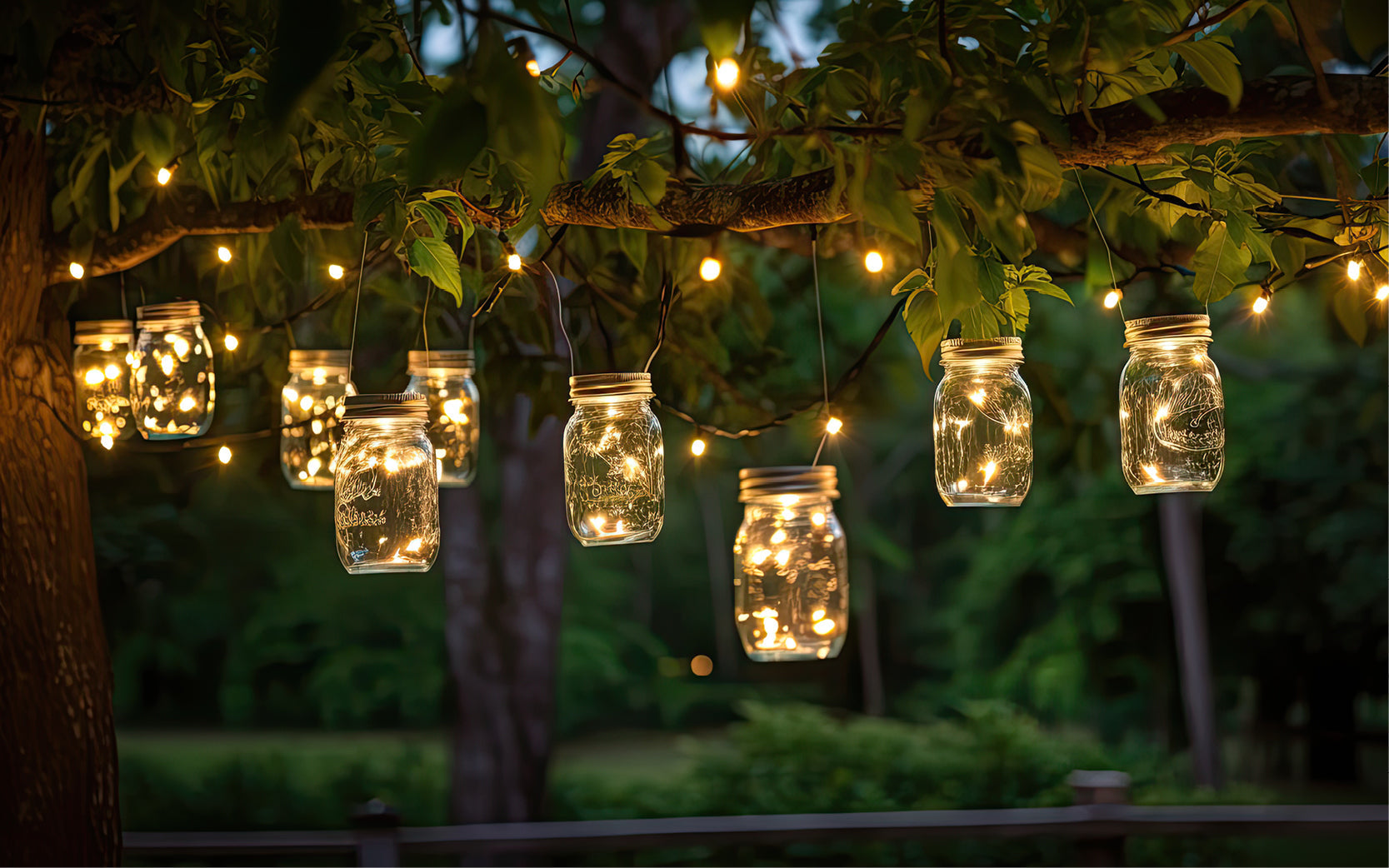 Stimmungsvolle Gartenbeleuchtung mit Lichterketten in Einmachgläsern, die an einem Baumzweig hängen – ideal für laue Sommerabende und Gartenpartys.