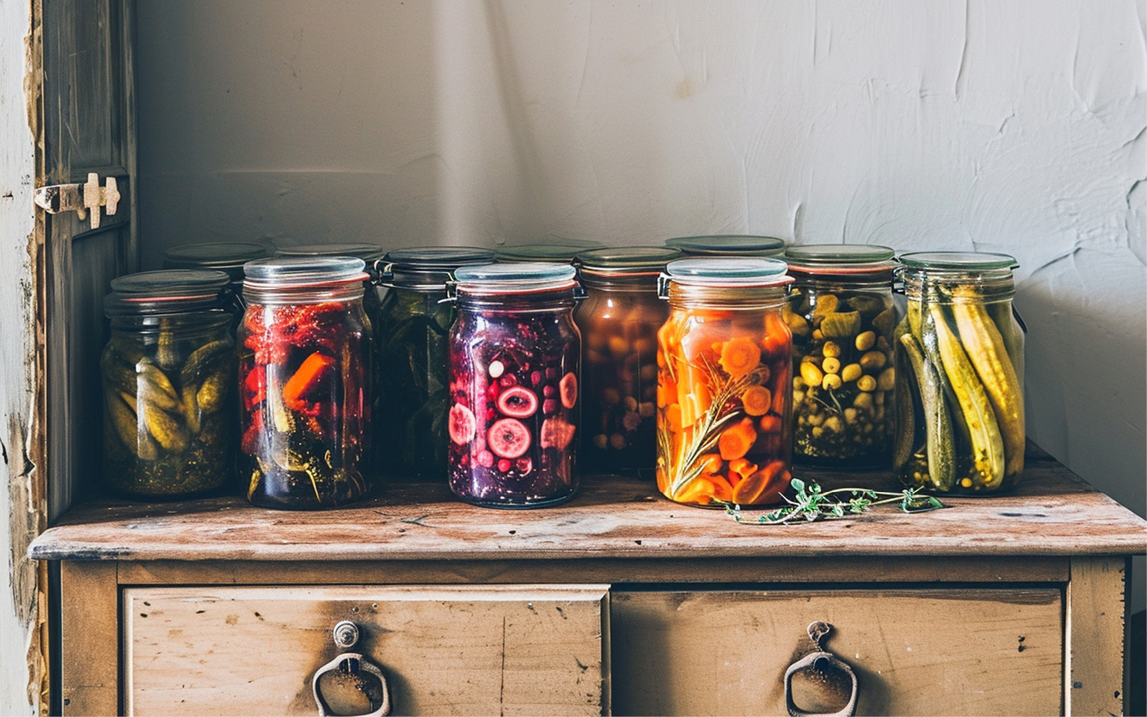 eingelegtes Gemüse wie Gurken, Karotten, Radieschen und Bohnen in dekorativen Gläsern mit Bügelverschluss, ordentlich auf einem rustikalen Holzschrank in einer Vorratskamme