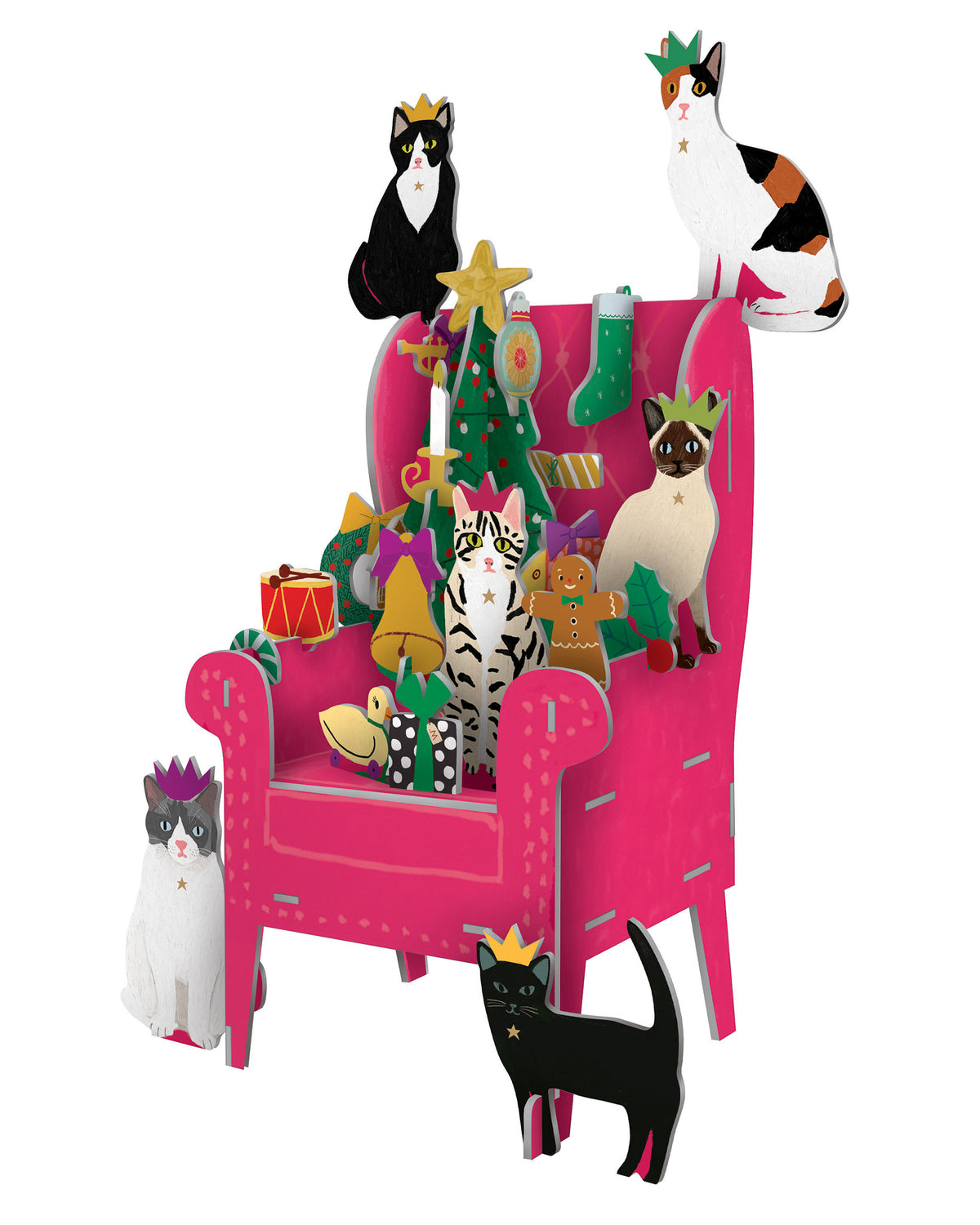 3D-Adventskalender „Cosy Cats“ von Roger la Borde mit festlich dekoriertem rosa Sessel, umgeben von liebevoll illustrierten Katzen und Weihnachtsaccessoires.