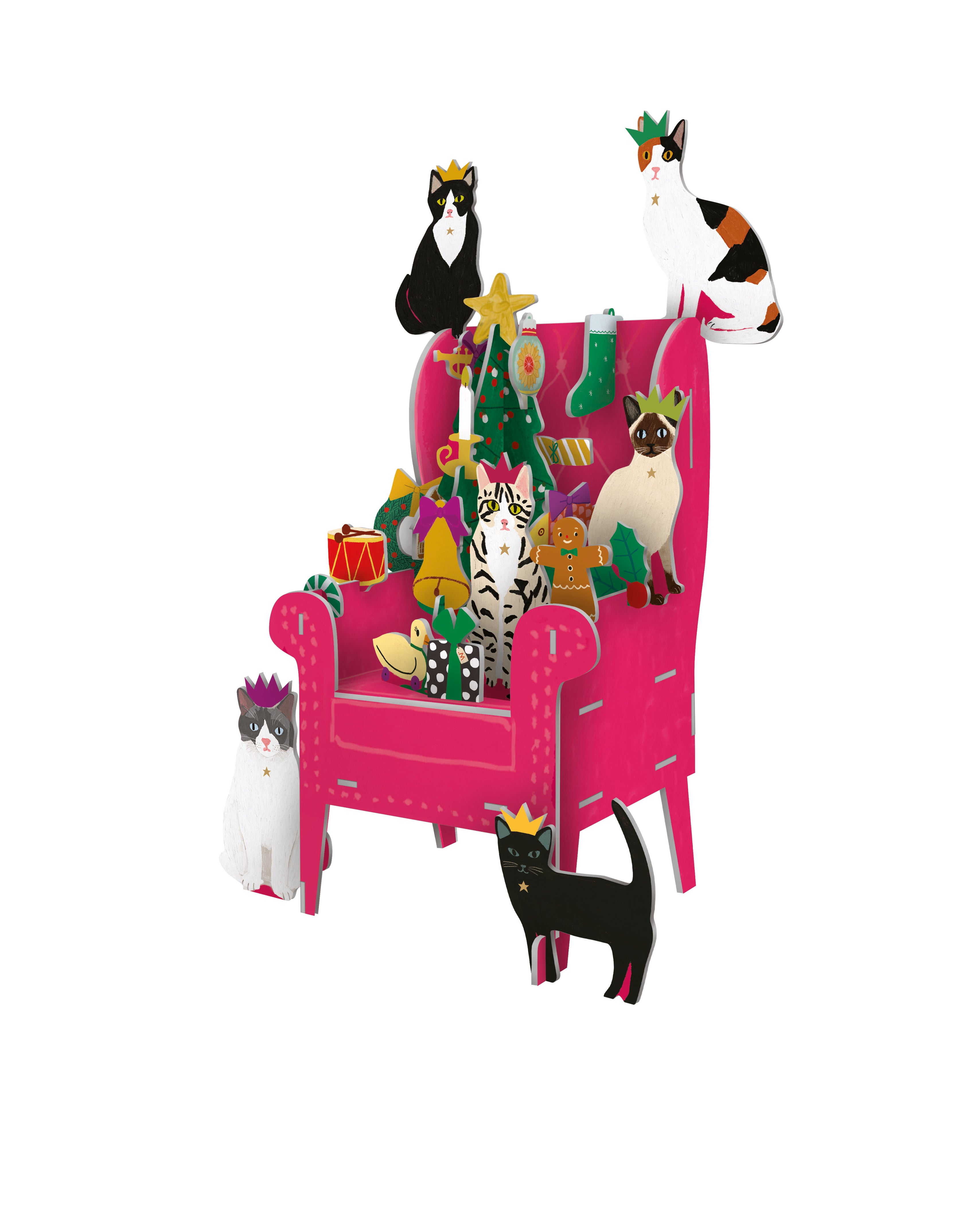 3D-Adventskalender „Cosy Cats“ von Roger la Borde mit festlich dekoriertem rosa Sessel, umgeben von liebevoll illustrierten Katzen und Weihnachtsaccessoires.