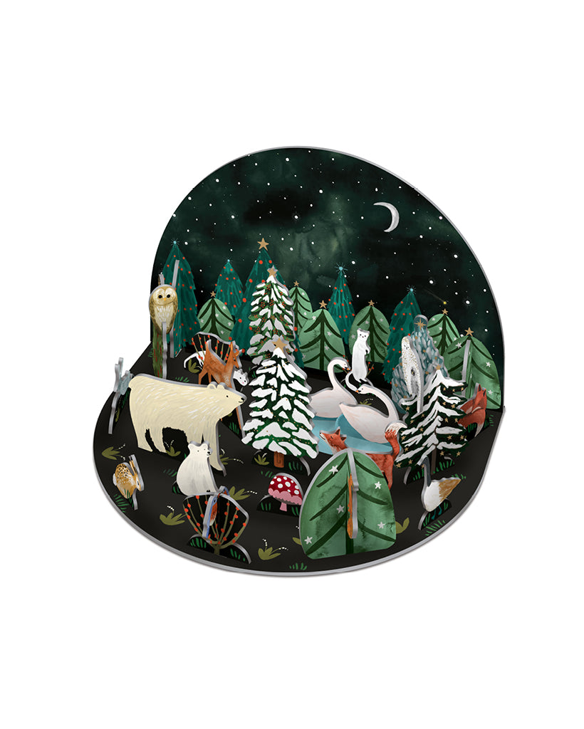 3D-Adventskalender „Northern Lights“ von Roger la Borde mit winterlicher Landschaft, Waldtieren und sternenklarem Nachthimmel in stilvoller Illustration.