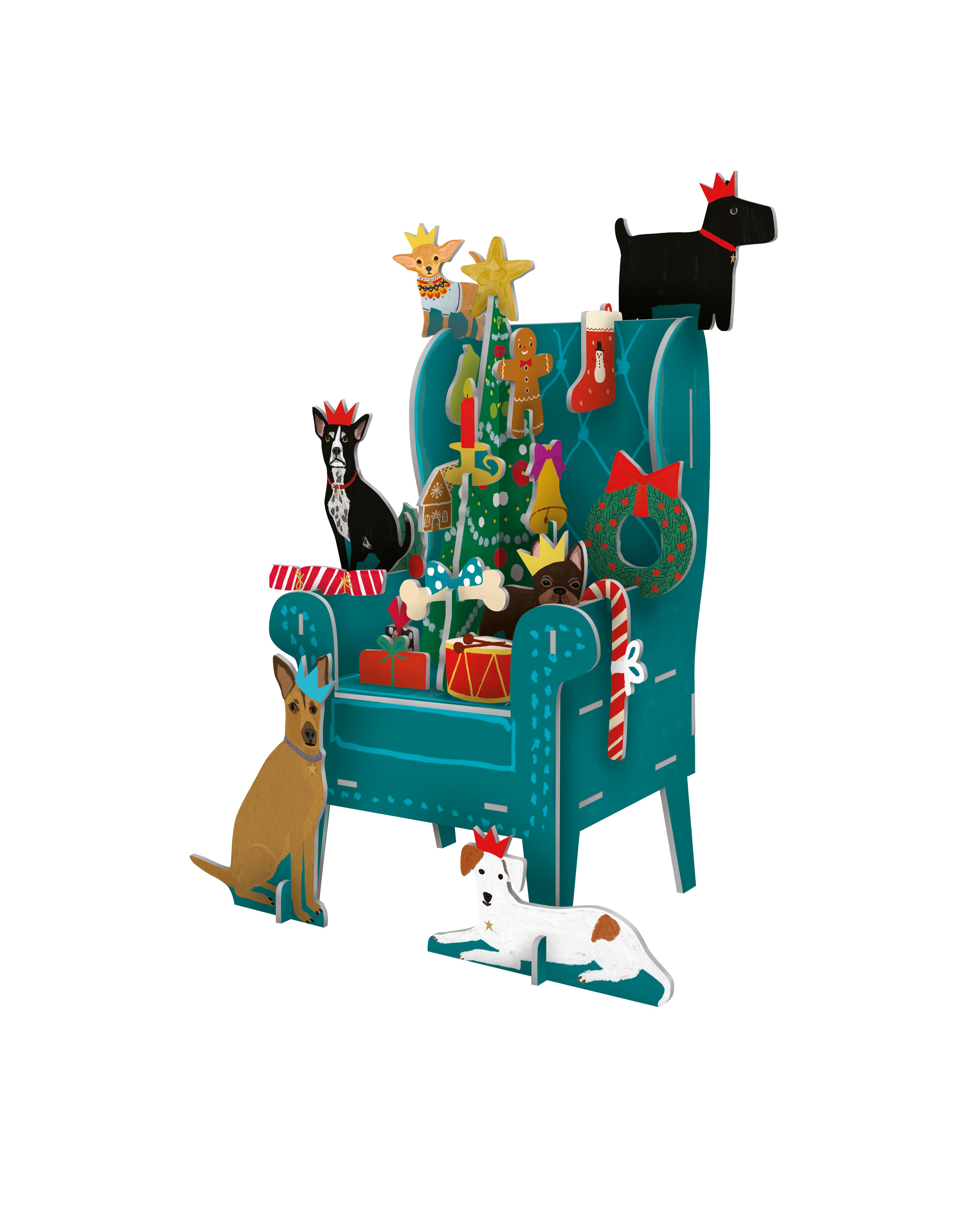3D-Adventskalender „Pooch Perfection“ von Roger la Borde mit festlich geschmücktem Sessel, verschiedenen Hunderassen und weihnachtlichen Elementen zum Aufstellen.