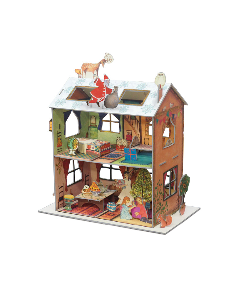 3D-Adventskalender „The Night Before Christmas“ als detailreiches Puppenhaus mit Santa auf dem Dach