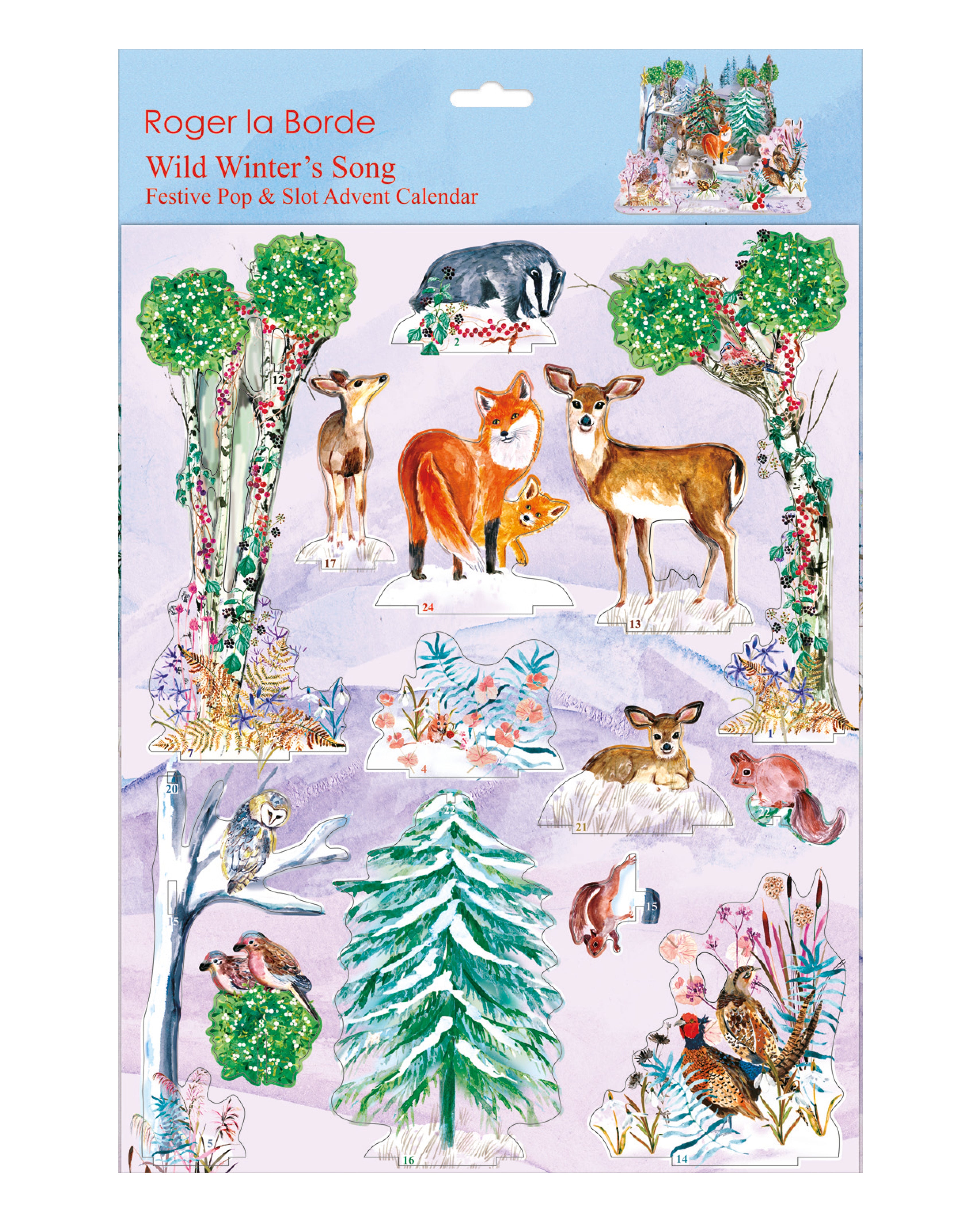 3D-Adventskalender Bogen „Wild Winter’s Song“ von Roger la Borde mit detailreicher Waldszene, Wildtieren und verschneiten Bäumen zum Aufstellen.