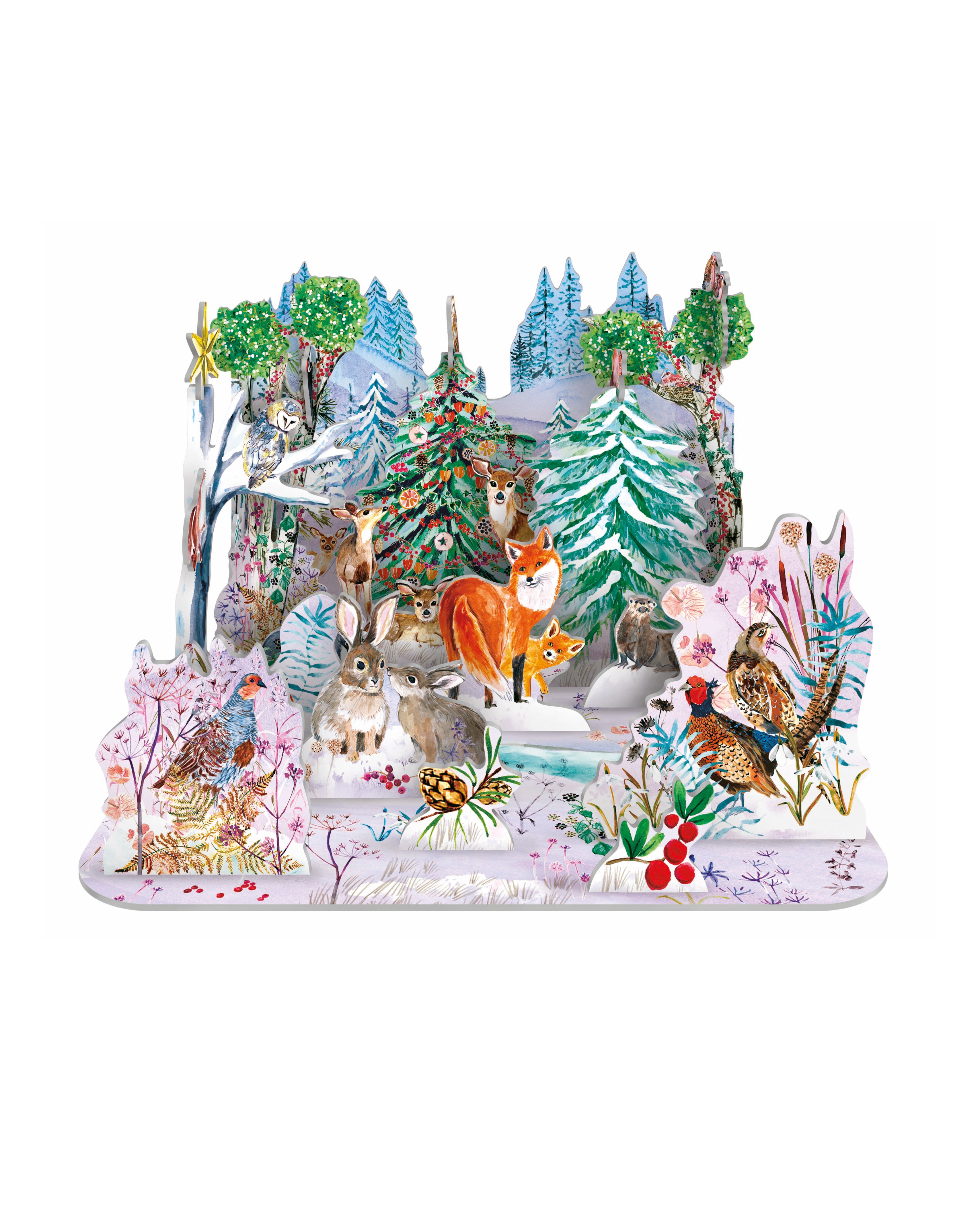 3D-Adventskalender „Wild Winter’s Song“ von Roger la Borde mit detailreicher Waldszene, Wildtieren und verschneiten Bäumen zum Aufstellen.