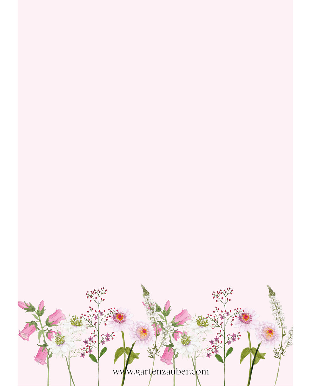 Notizblock A5 mit handgezeichnetem Sommerblumen-Motiv aus der Gartenzauber Papeterie – zarte Blütenillustration in Rosa und Weiß.