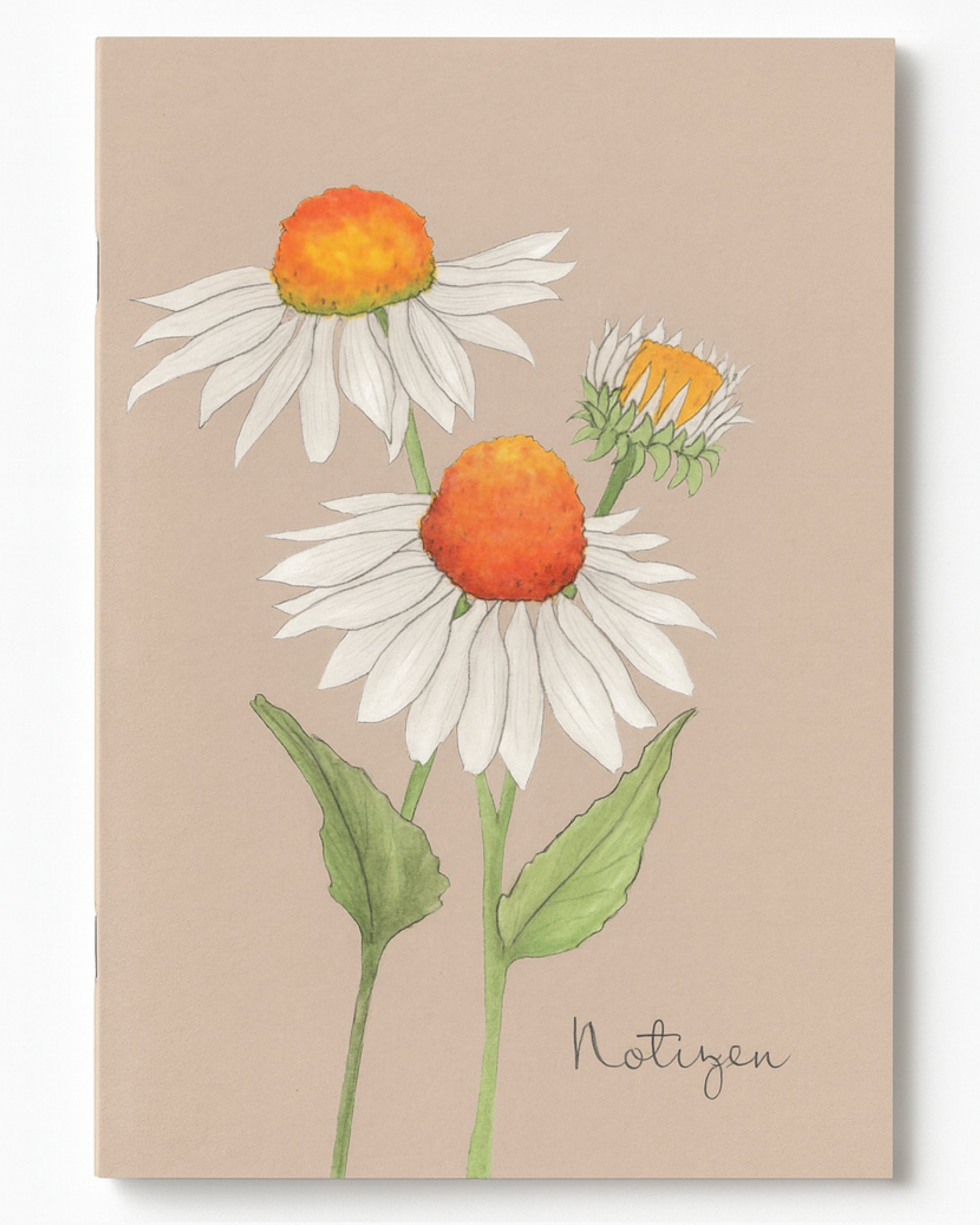 Notizheft A5 mit handgezeichnetem Weißen Sonnenhut – Gartenzauber Papeterie.