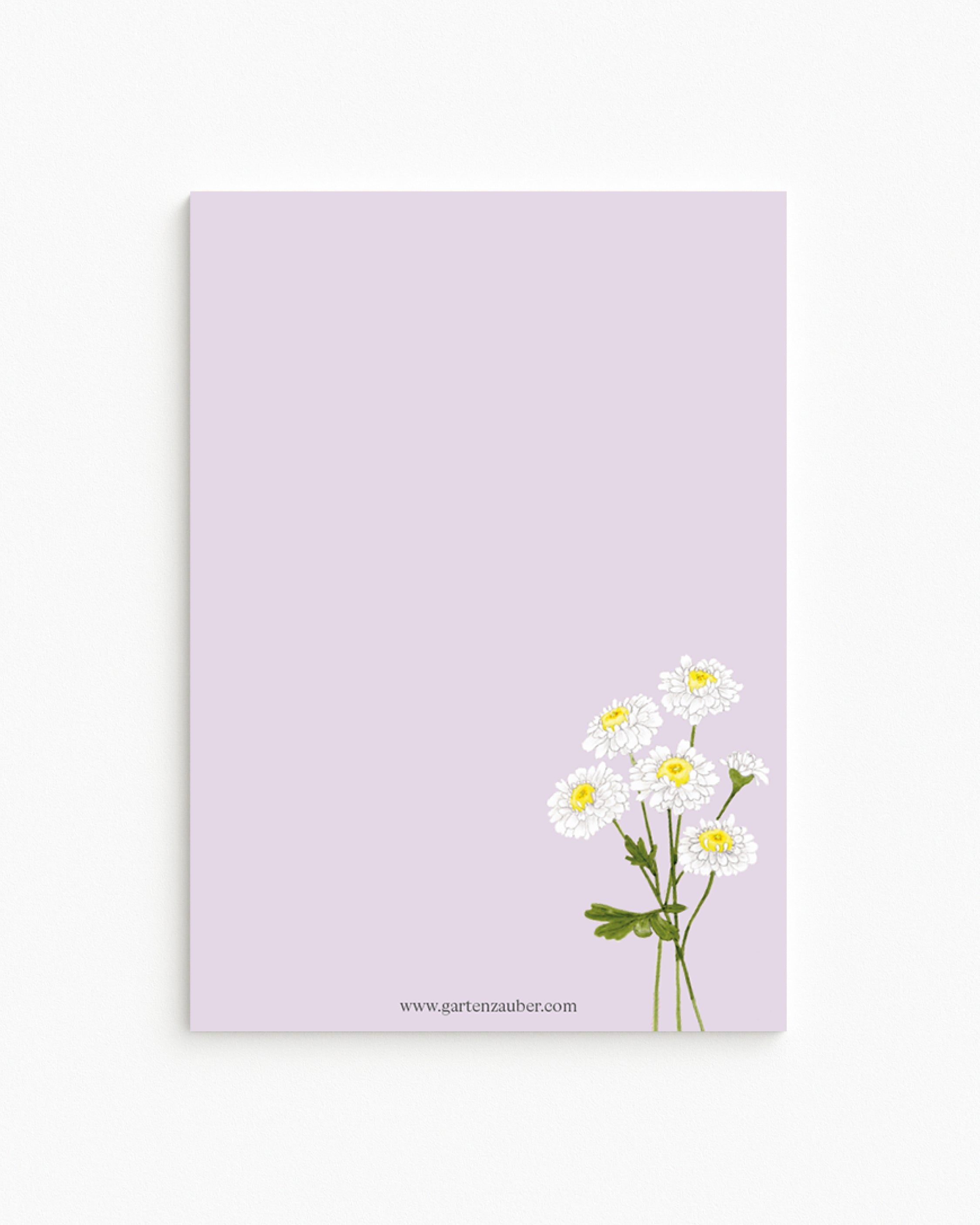 Notizblock A6 mit handgezeichnetem weißen Mutterkraut aus der Gartenzauber Papeterie – detailreiche Blütenillustration