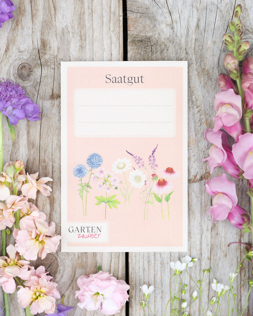 Detailaufnahme A6 Saatguttüten – Gartenzauber Papeterie mit floraler Illustration und beschriftbarem Feld