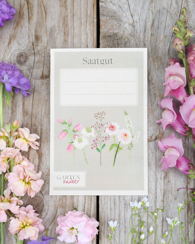 Detailaufnahme A6 Saatguttüten – Gartenzauber Papeterie mit floraler Illustration und beschriftbarem Feld