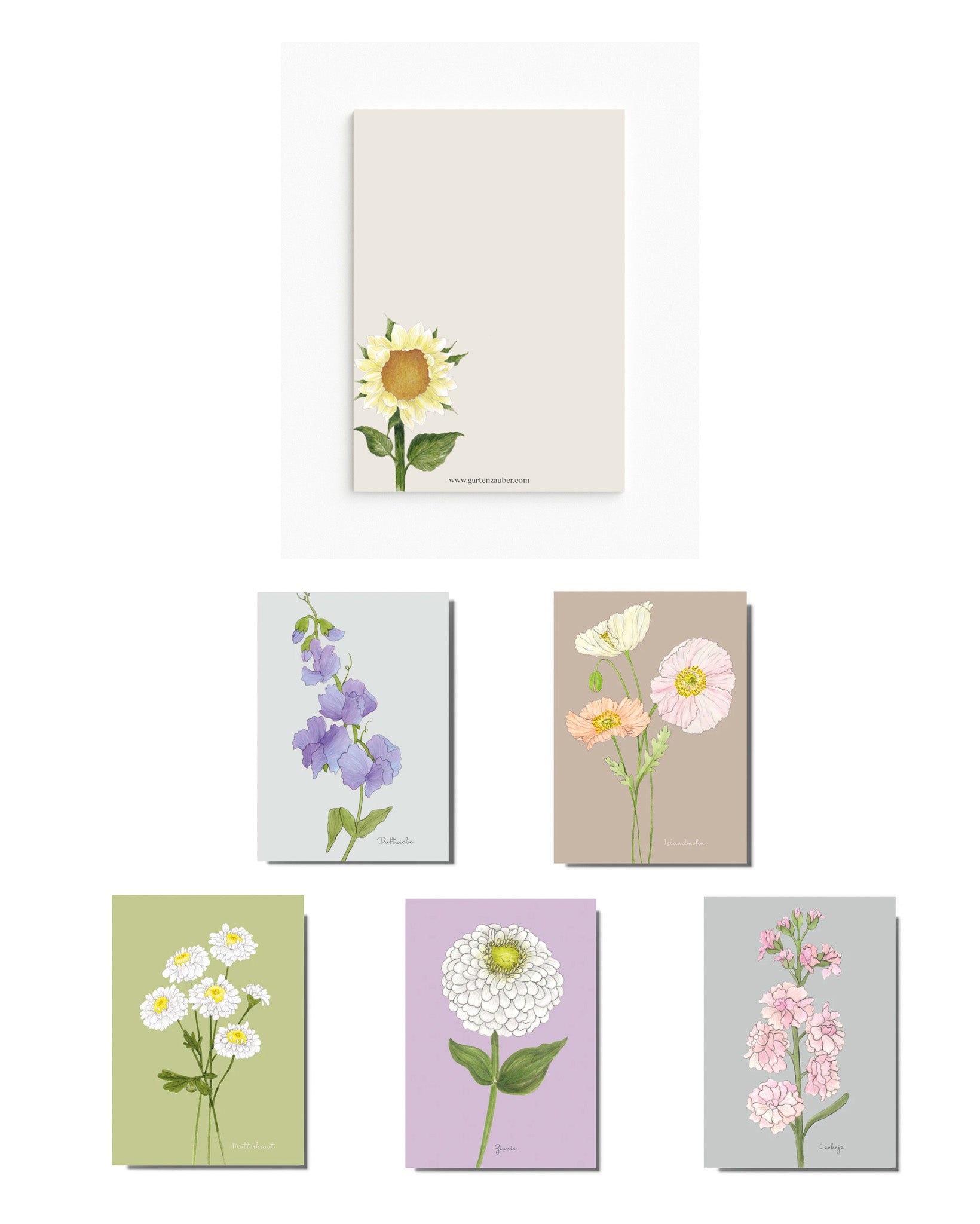 Gartenzauber Geschenkset „Blumengarten“ mit handgezeichnetem Sonnenblumen-Notizblock und Postkarten zu Duftwicke, Islandmohn, Mutterkraut, Zinnie und Levkoje.