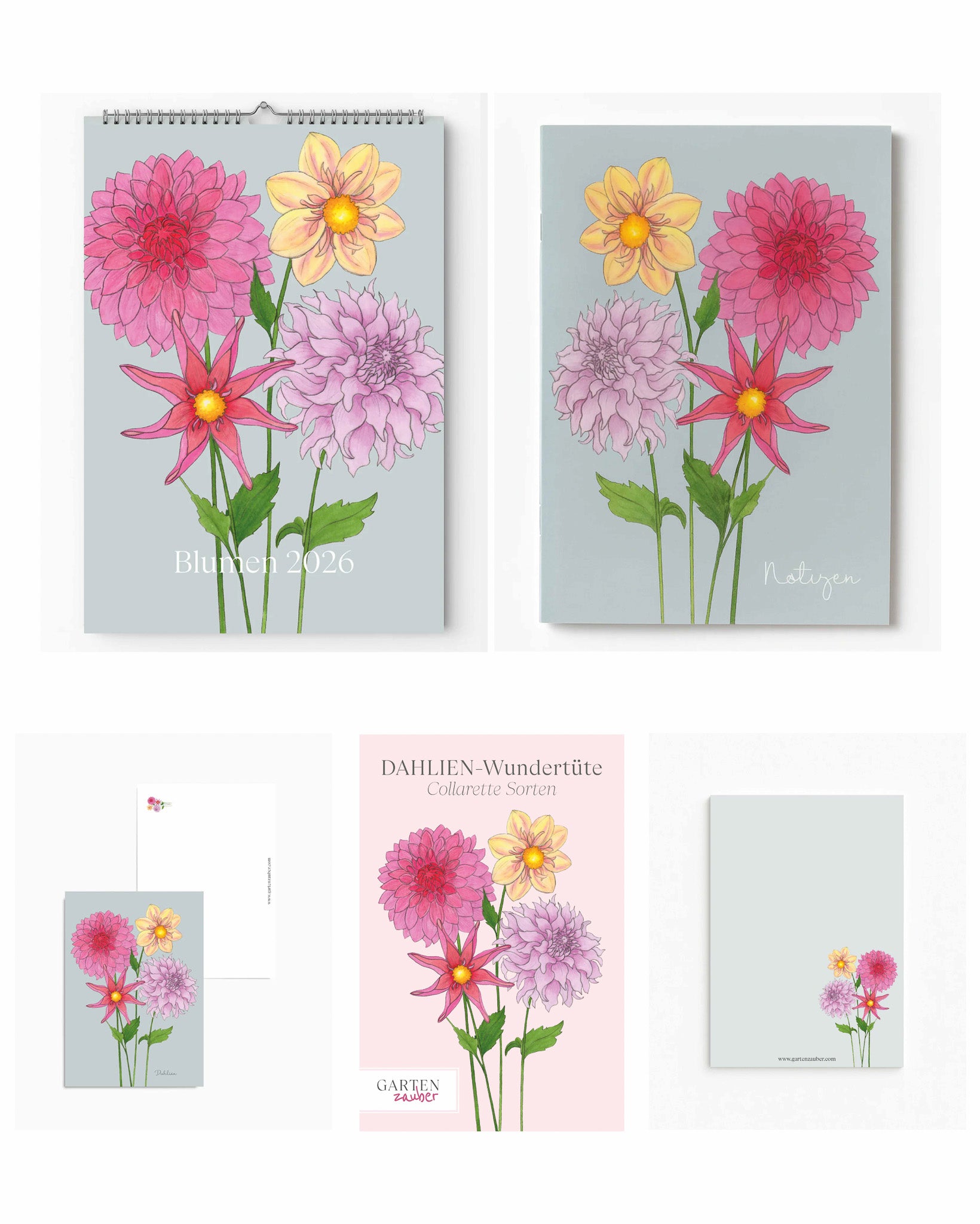 Gartenzauber Geschenkset „Dahlientraum“ mit handgezeichnetem Dahlienkalender, Dahlien-Notizheft, Postkarte, A6-Notizblock und passender Saatguttüte.