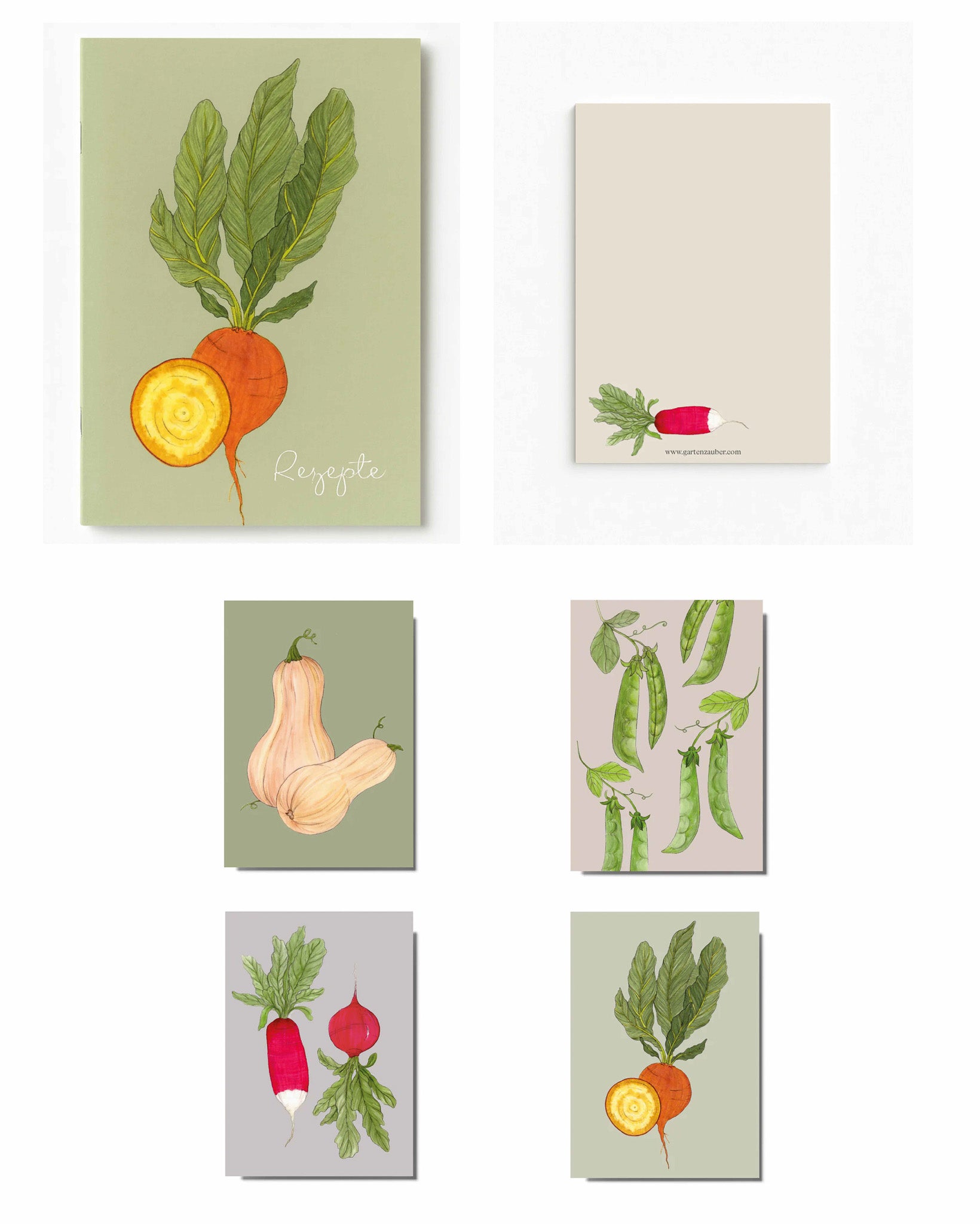 Gartenzauber Geschenkset „Gemüseliebe“ mit liebevoll handgezeichnetem Rezepte-Notizheft, Radieschen-Notizblock und Postkarten mit Kürbis, Radieschen, Bete und Erbse.