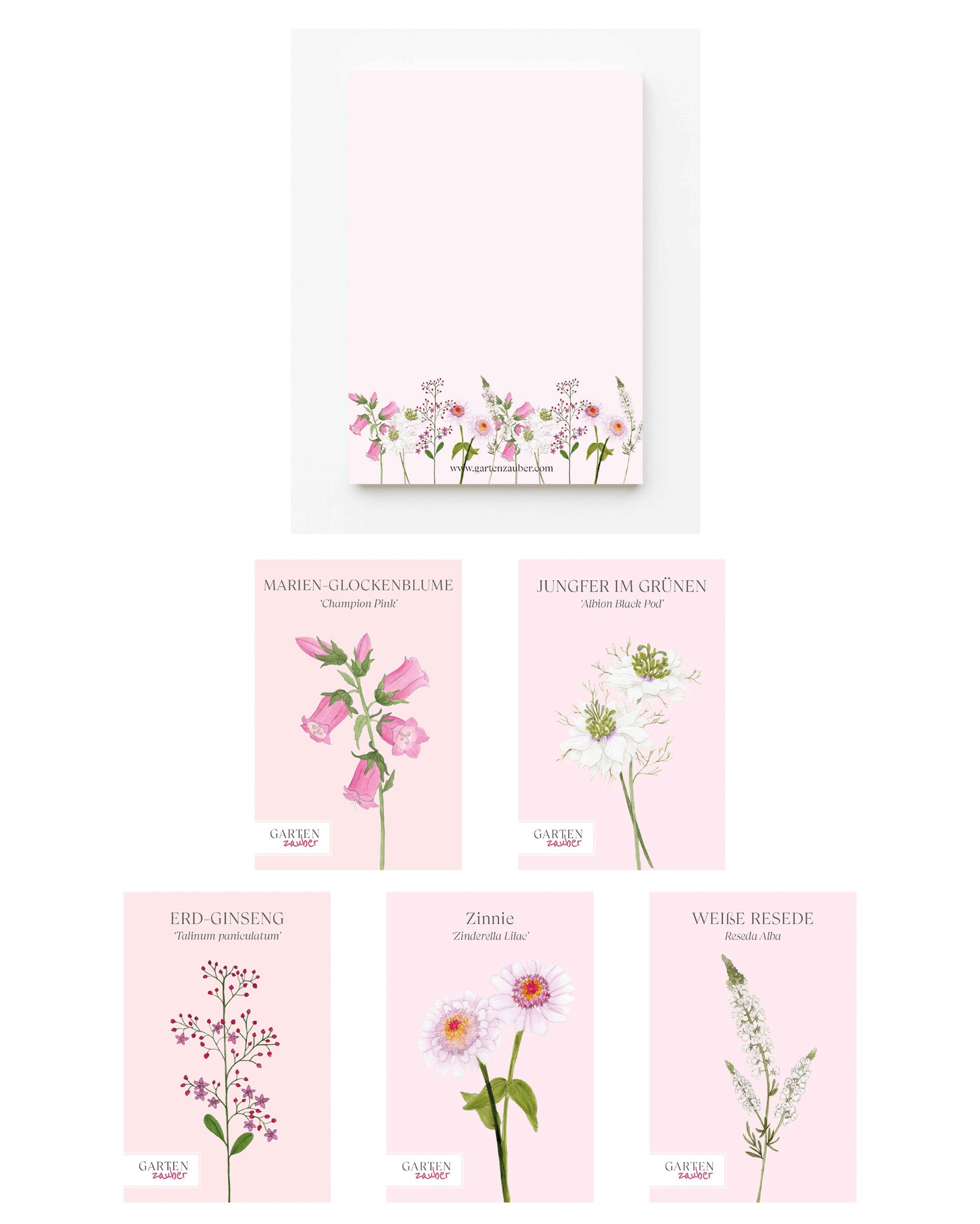 Gartenzauber Geschenkset „Sommergarten“ mit liebevoll handgezeichnetem Notizblock A5 Sommerblumen und ausgewähltem Saatgut für Zinnie, Jungfer im Grünen, Erd-Ginseng, Marien-Glockenblume und Weiße Resede.
