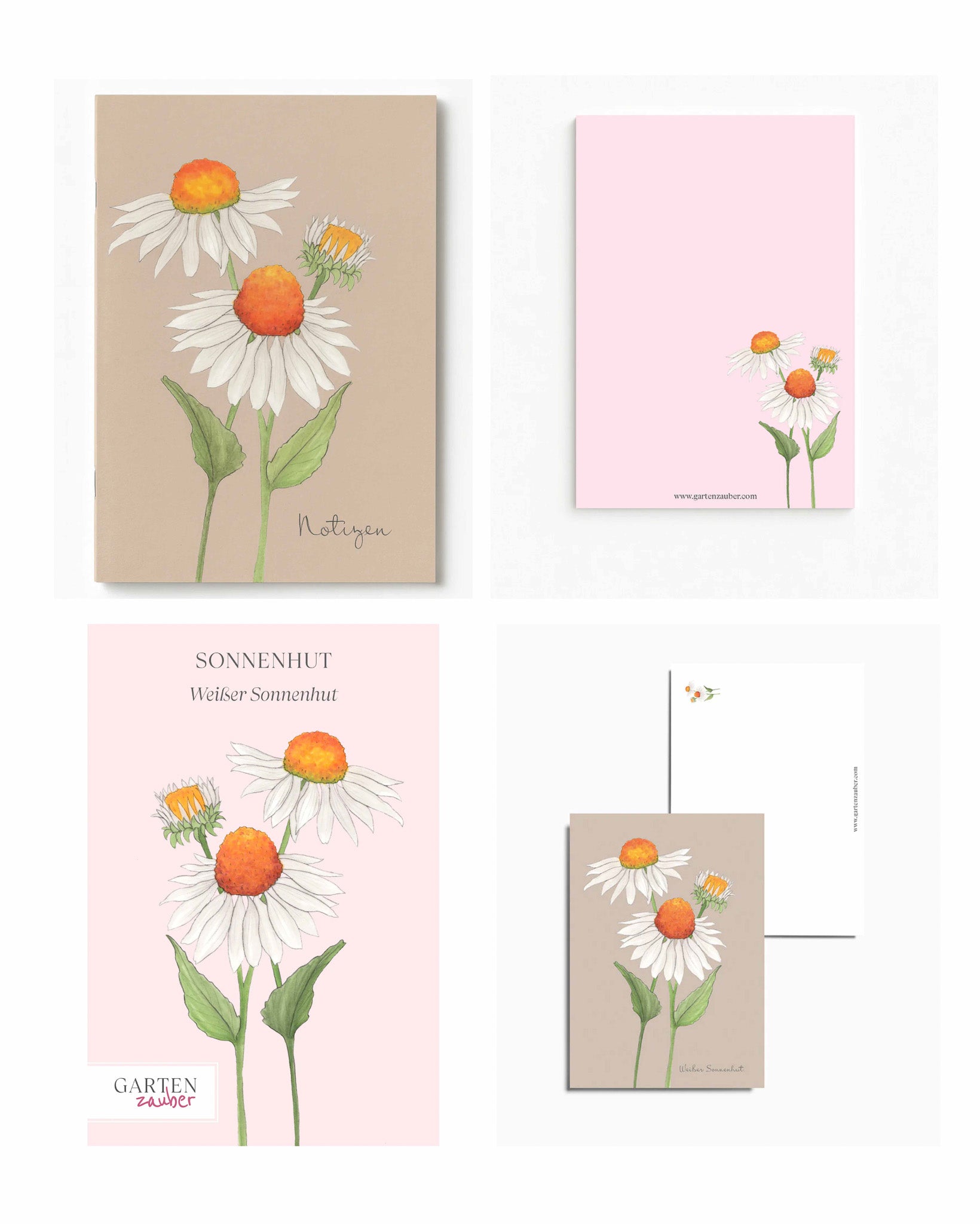 Gartenzauber Geschenkset „Weißer Sonnenhut“ mit liebevoll handgezeichneten Notizblock, Notizheft, Postkarte und passendem Saatgut Sonnenhut.
