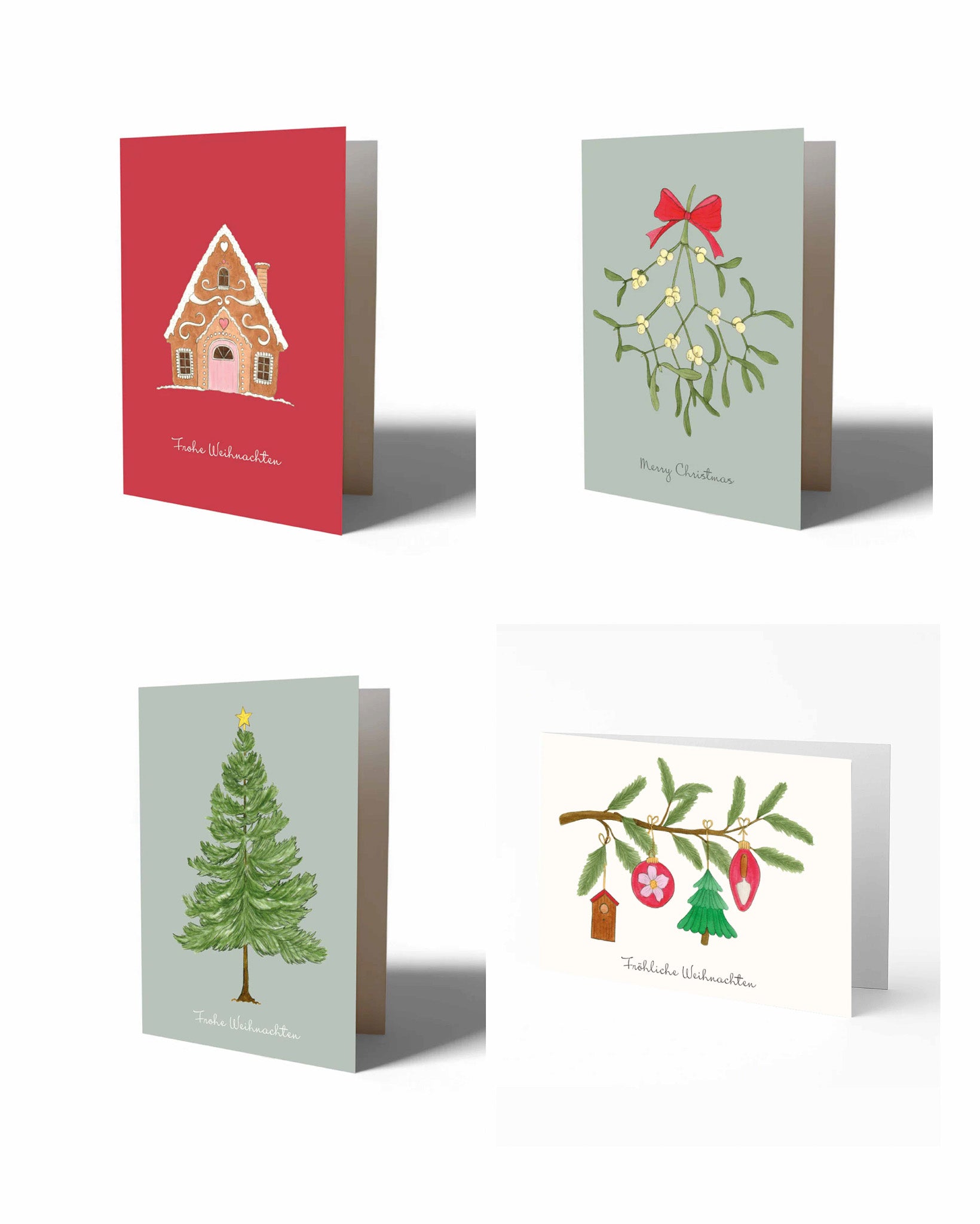 Gartenzauber Geschenkset „Weihnachtspost“ mit liebevoll handgezeichneten Weihnachtskarten: Tannenbaum, Mistelzweig, Lebkuchenhaus und Weihnachtszweig.
