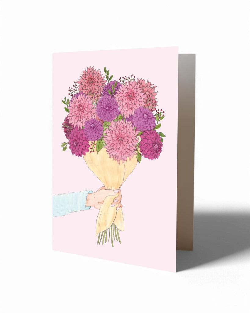 Handgezeichnete Klappkarte Blumenstrauß in Rosa und Lila – Gartenzauber Papeterie.