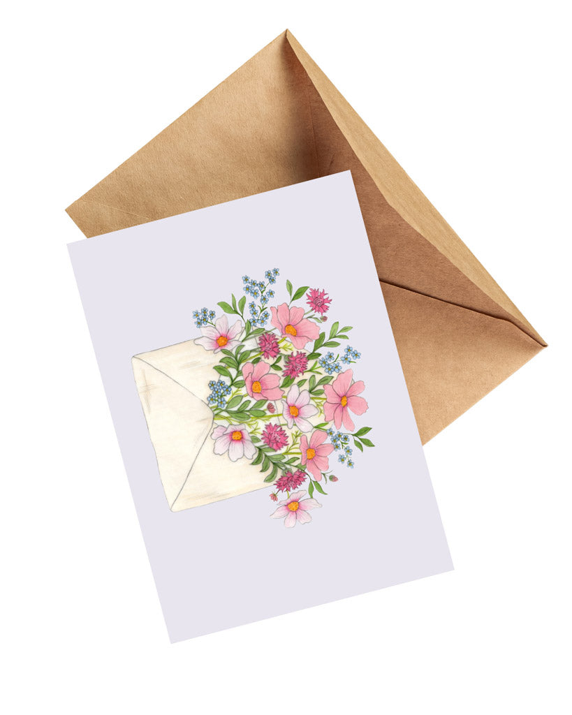 Handgezeichnete Klappkarte Brief mit Blumen aus der Gartenzauber Papeterie – mit Umschlag, detailreich illustriert.
