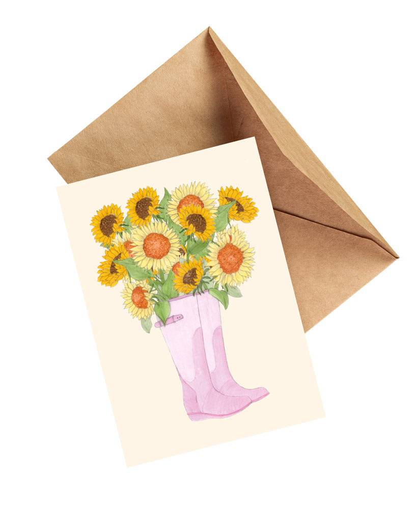 Handgezeichnete Klappkarte mit Sonnenblumenstrauß in rosa Gummistiefeln aus der Gartenzauber Papeterie – mit Umschlag, detailreich illustriert.
