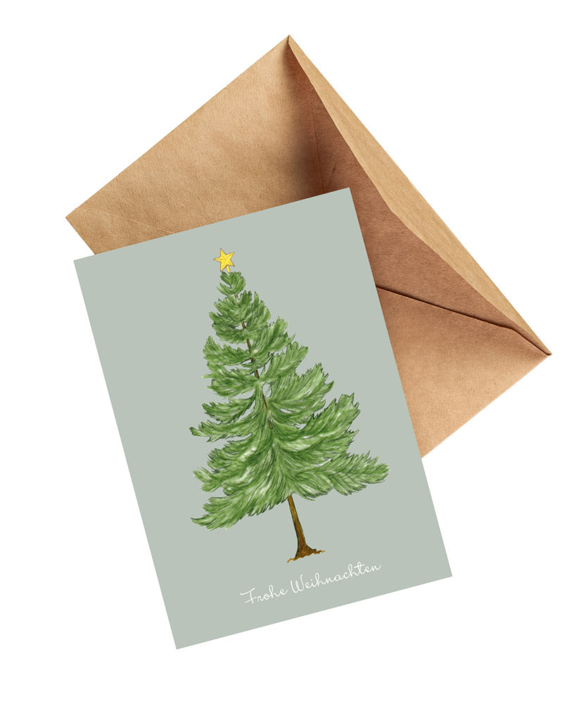 Handgezeichnete Klappkarte Tannenbaum und Stern aus der Gartenzauber Papeterie – mit Umschlag, detailreich illustriert.