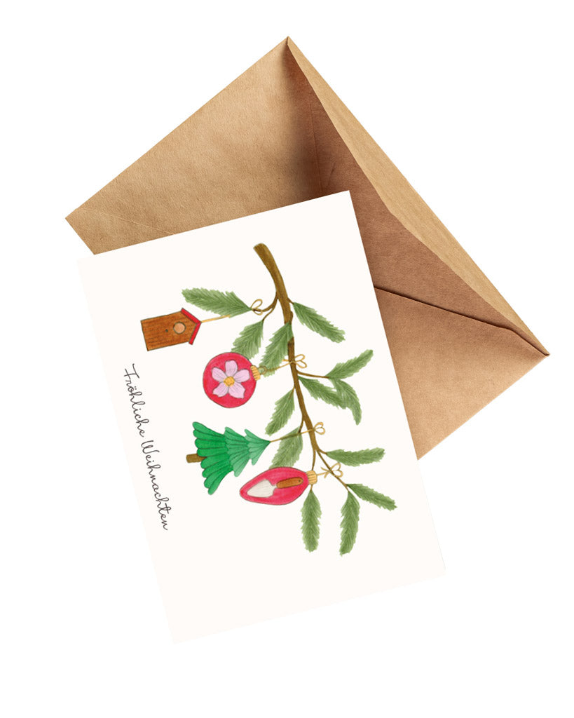Handgezeichnete Klappkarte mit Tannenzweig und Weihnachtsschmuck aus der Gartenzauber Papeterie – detailreiche Illustration mit nostalgischen Ornamenten.