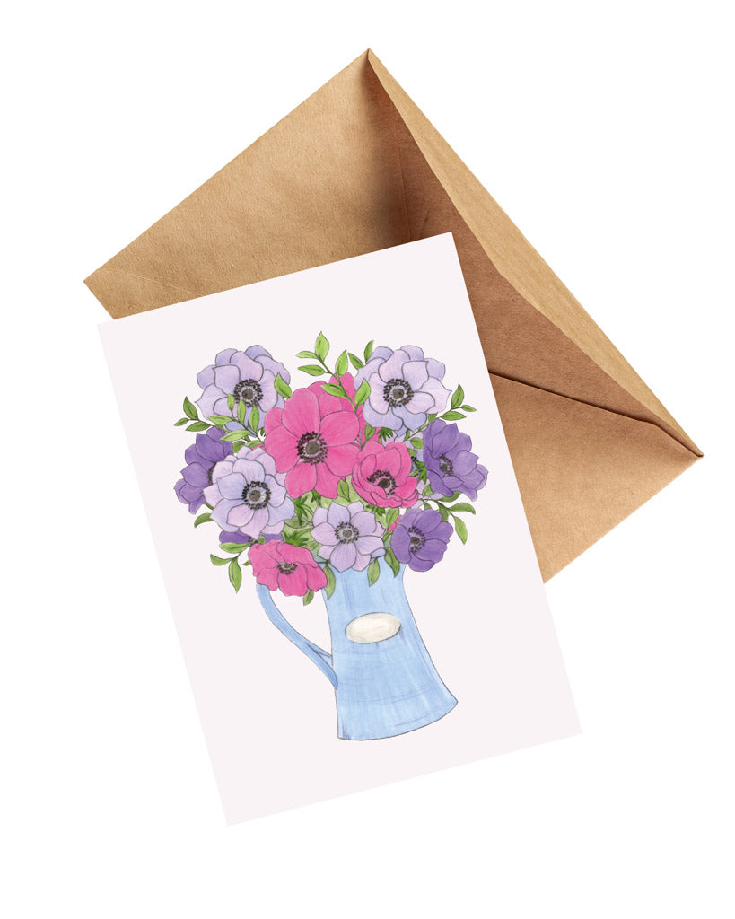 Handgezeichnete Klappkarte Anemonenstrauß im blauen Krug aus der Gartenzauber Papeterie – mit Umschlag, detailreich illustriert.