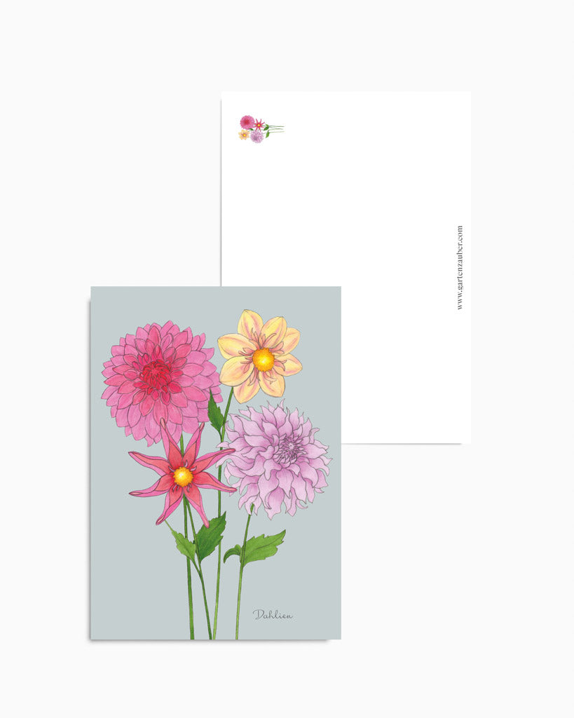 Postkarte mit handgezeichnetem Dahlien-Motiv aus der Gartenzauber Papeterie – detailverliebt und liebevoll gestaltet.
