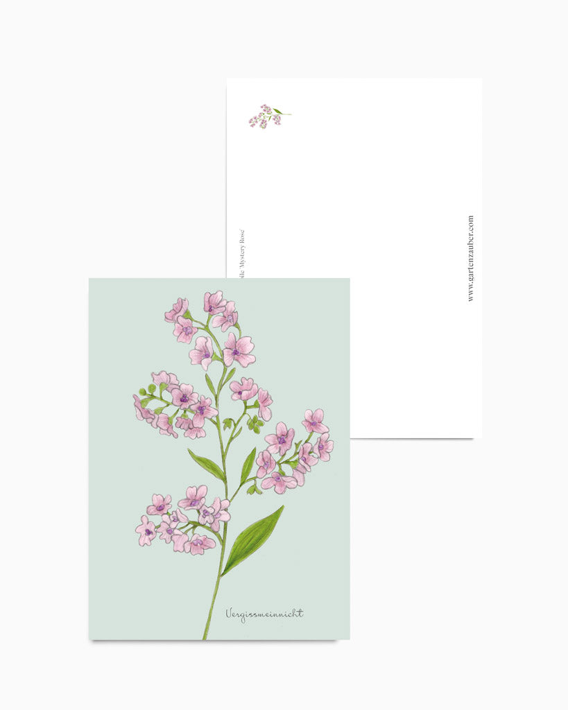 Postkarte mit handgezeichnetem chinesischen Vergissmeinnicht in Rosétönen aus der Gartenzauber Papeterie – detailreich illustriert.