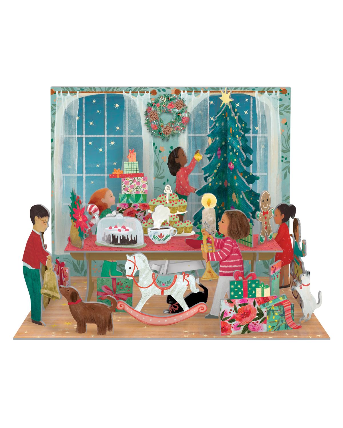 3D-Adventskalender „A Christmas Party“ mit Kindern beim Schmücken des Weihnachtszimmers, liebevoll illustriert mit Geschenken, Baum, Tieren und festlicher Deko