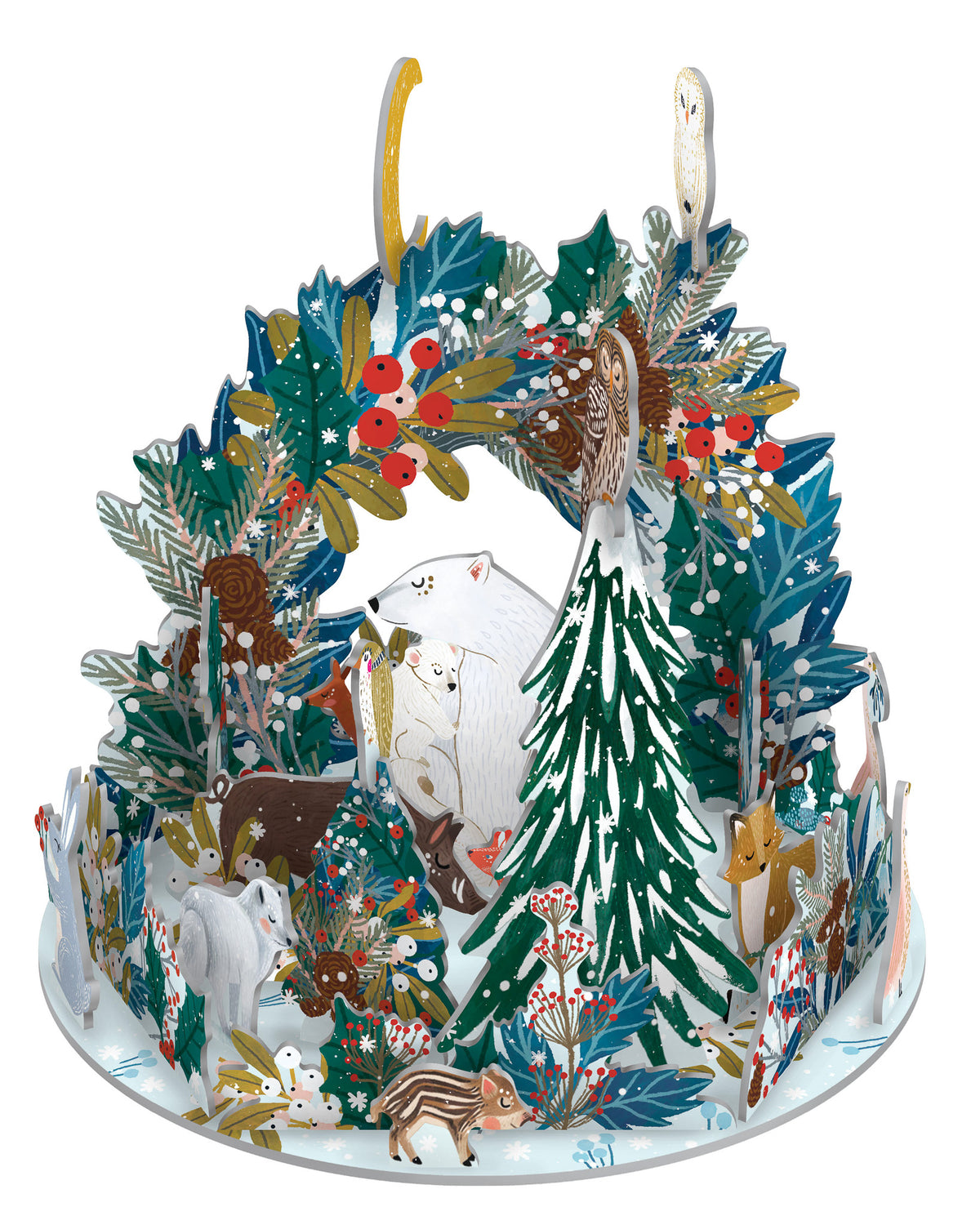3D-Adventskalender „Eisbärenzauber“ von Roger la Borde mit winterlichem Kranz, Eisbären, Waldtieren, verschneiten Tannen und Beerenzweigen