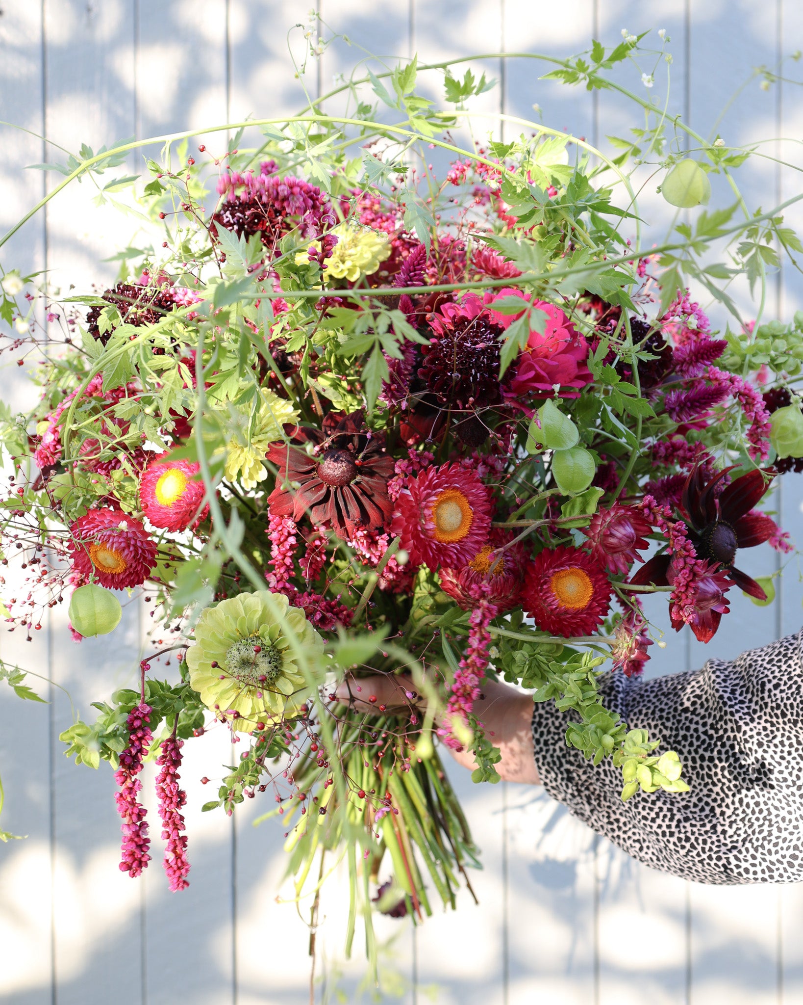 Locker gebundener Sommerstrauß aus dem Saatgutpaket Magenta Glow in kräftigen Pink- und Beerentönen.