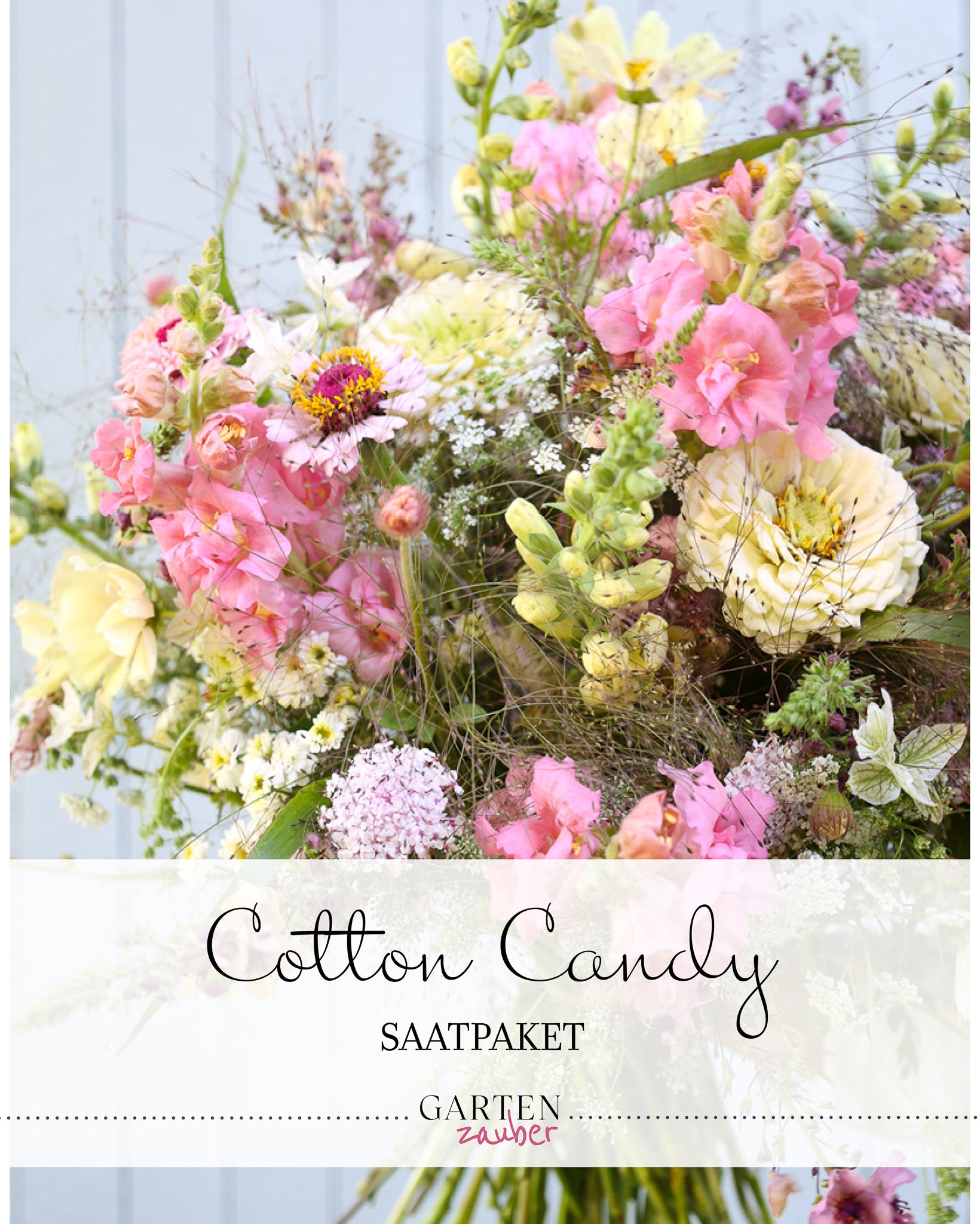 Titelbild des Gartenzauber-Saatgutpakets Cotton Candy mit Abbildung eines daraus gestaltbaren Sommerstraußes in Rosa-, Weiß- und Pastelltönen.