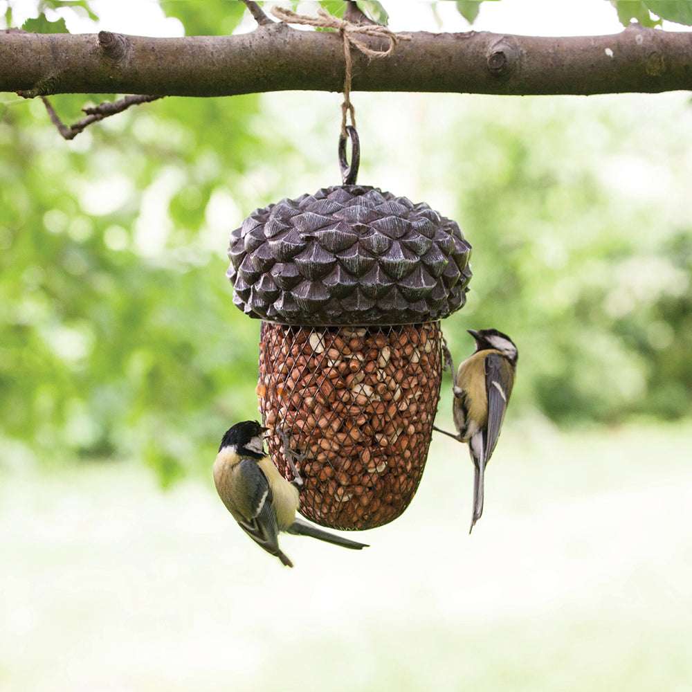 Vogelfutterstelle in Eichelform – dekorativer Futterspender mit Vögeln im Garten
