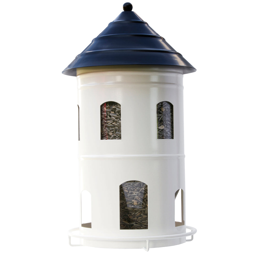 Weiße Gigant Futterstation mit schwarzem Dach – Vogelhaus-Design