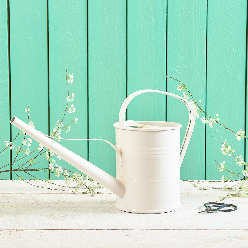 Plint Gießkanne 1,5 Liter in Winterweiß – stilvolle Metallkanne vor grünem Hintergrund