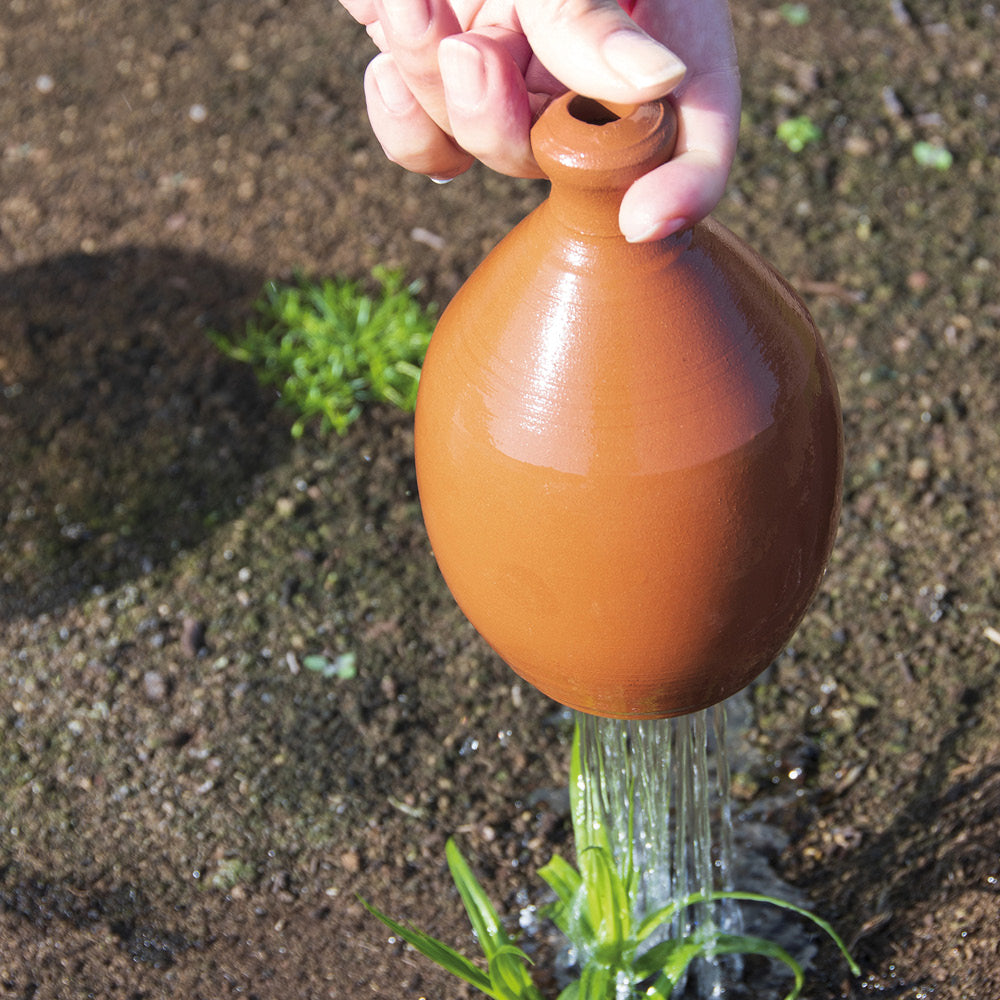 Handgefertigte Daumen Gießkanne aus Terrakotta beim Gießen von Setzlingen