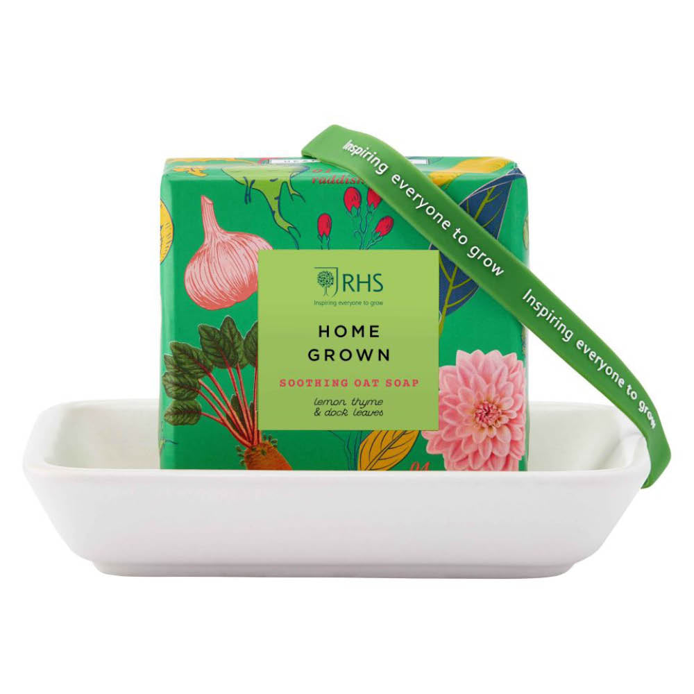 Produktabbildung Haferseife „RHS Home Grown“ mit weißer Keramikschale im Set