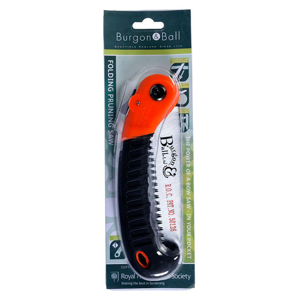 Klappbare Handsäge mit gummiertem Griff in Verpackung