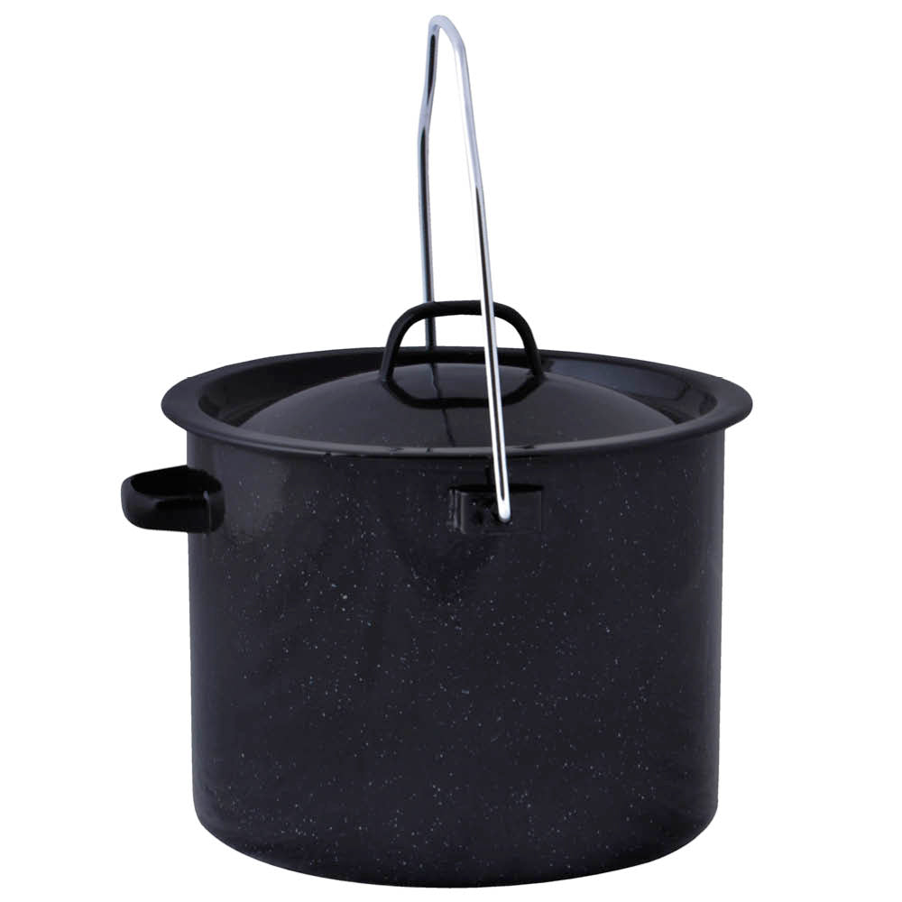 Schwarzer Emaille-Topf mit Griff für Outdoor-Kochen