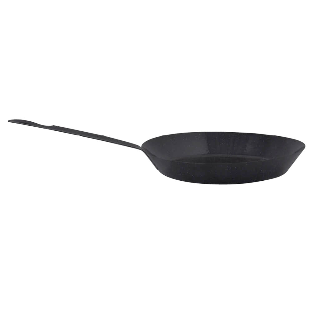 Schwarze Emaille-Pfanne mit langem Griff für Outdoor-Kochen