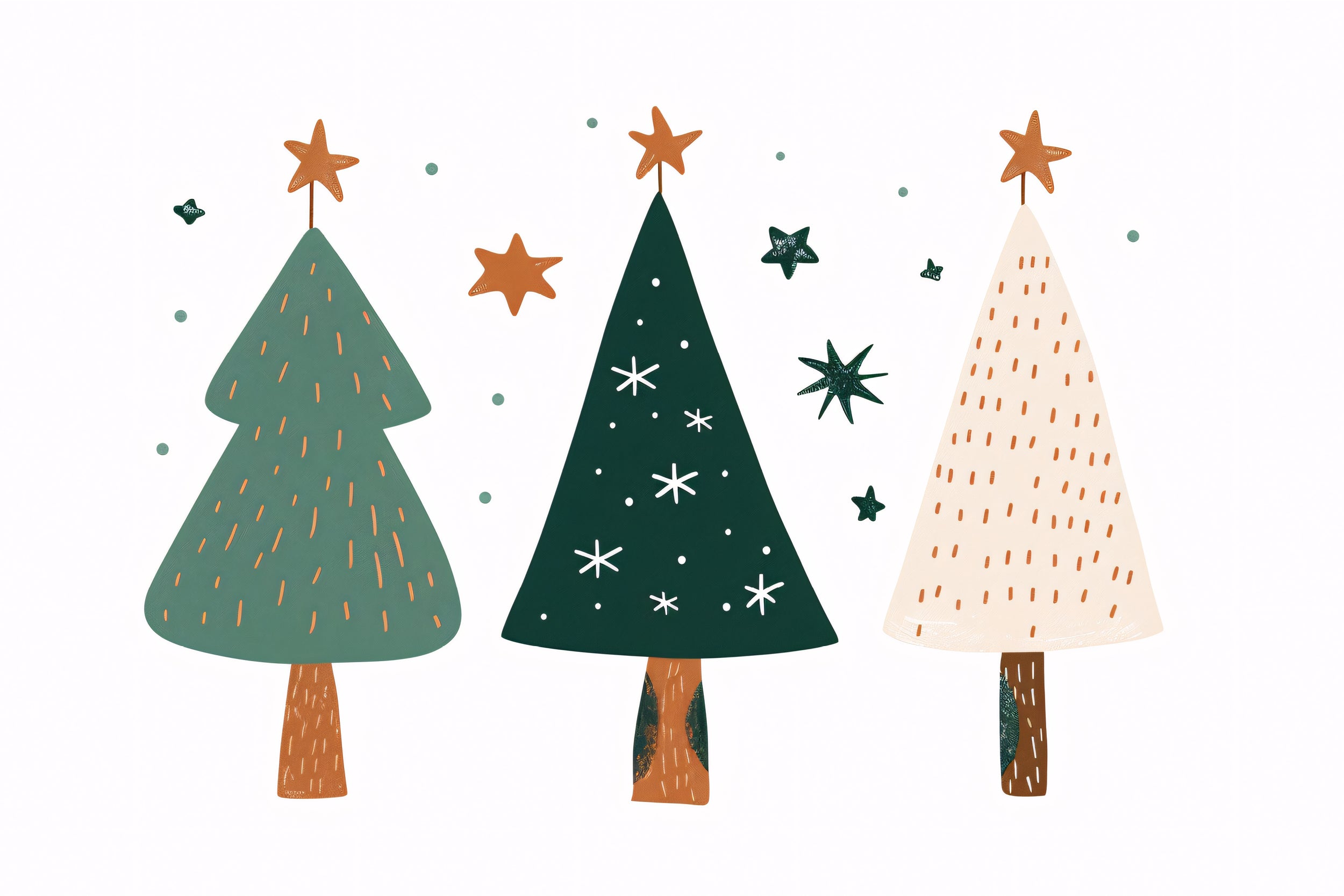 Illustration mit drei verschieden gestalteten Weihnachtsbäumen in Grün- und Cremetönen, jeweils mit braunem Stamm und goldenem Stern auf der Spitze, umgeben von kleinen Sternen und Punkten auf weißem Hintergrund.