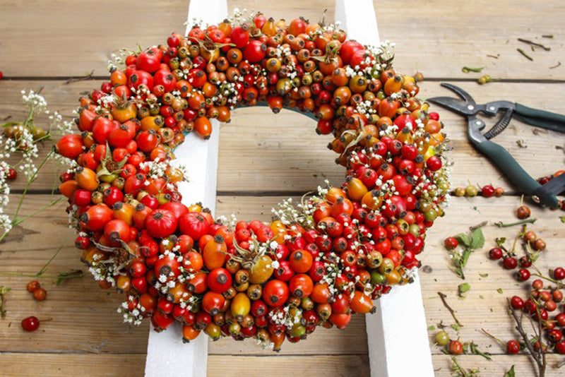 Hagebuttenkranz auf dem Arbeitsplatz eines Floristen in mitten der Arbeitsmaterialien.