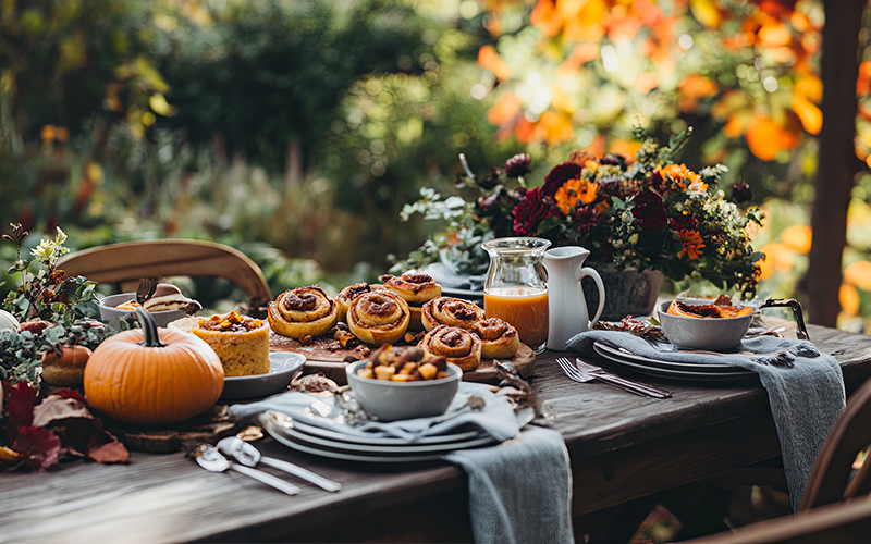 Holztisch im Garten mit einem gedecktem Tisch, Gebäck, Blumen und Kürbissen.