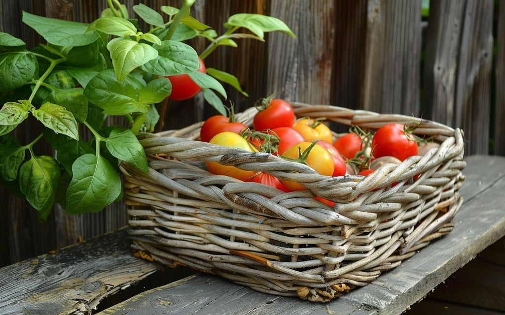 Frisch geerntete bunte Tomaten in einem rustikalen Weidenkorb auf einer alten Holzbank, daneben eine grüne Tomatenpflanze – perfektes Erntebild für den Sommergarten.
