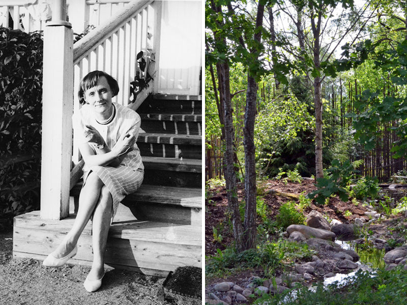 Links: Astrid Lindgren auf der Treppe ihres Elternhauses. Rechts: Naturidylle im Moosgarten von Astrid Lindgrens Näs mit Bäumen und Bach.