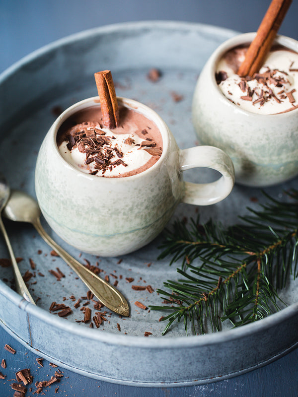 Zwei Tassen heißer Trinkschokolade mit Sahnehaube, Zimtstange und Schokoladenraspeln, dekorativ auf einem Tablett mit Tannenzweig serviert.