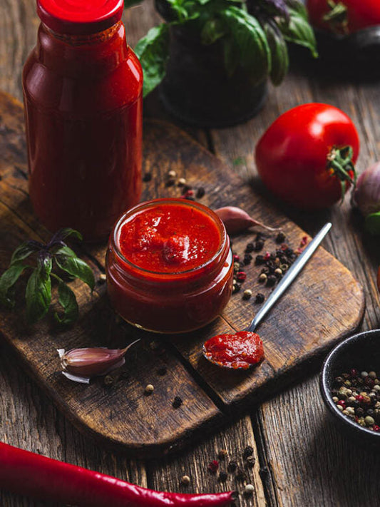 Scharfer, selbstgemachter Tomatenketchup in Glas und Flasche, angerichtet mit frischen Tomaten, Knoblauch, Chili, Basilikum und Pfefferkörnern auf einem rustikalen Holztisch
