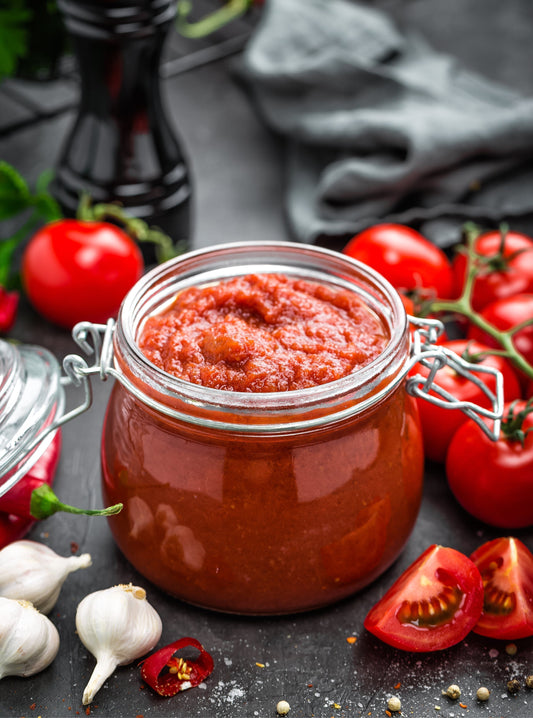 Selbstgemachter Tomatenketchup im Bügelglas – umgeben von frischen Tomaten und Gewürzen